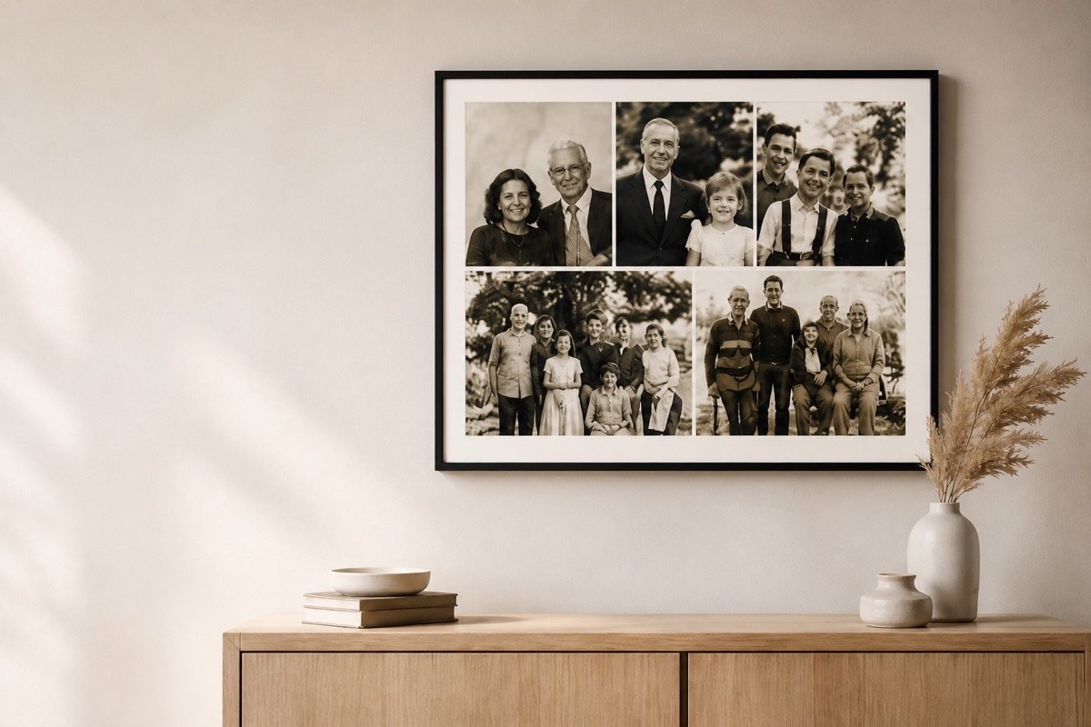 Duvar tablosu aile fotoğraf kolajı — profesyonel birleştirme örneği